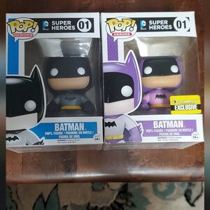 2-Funko Batman Vinyl Figures Grey #01 - 2013 and Purple #01 - 2015.
